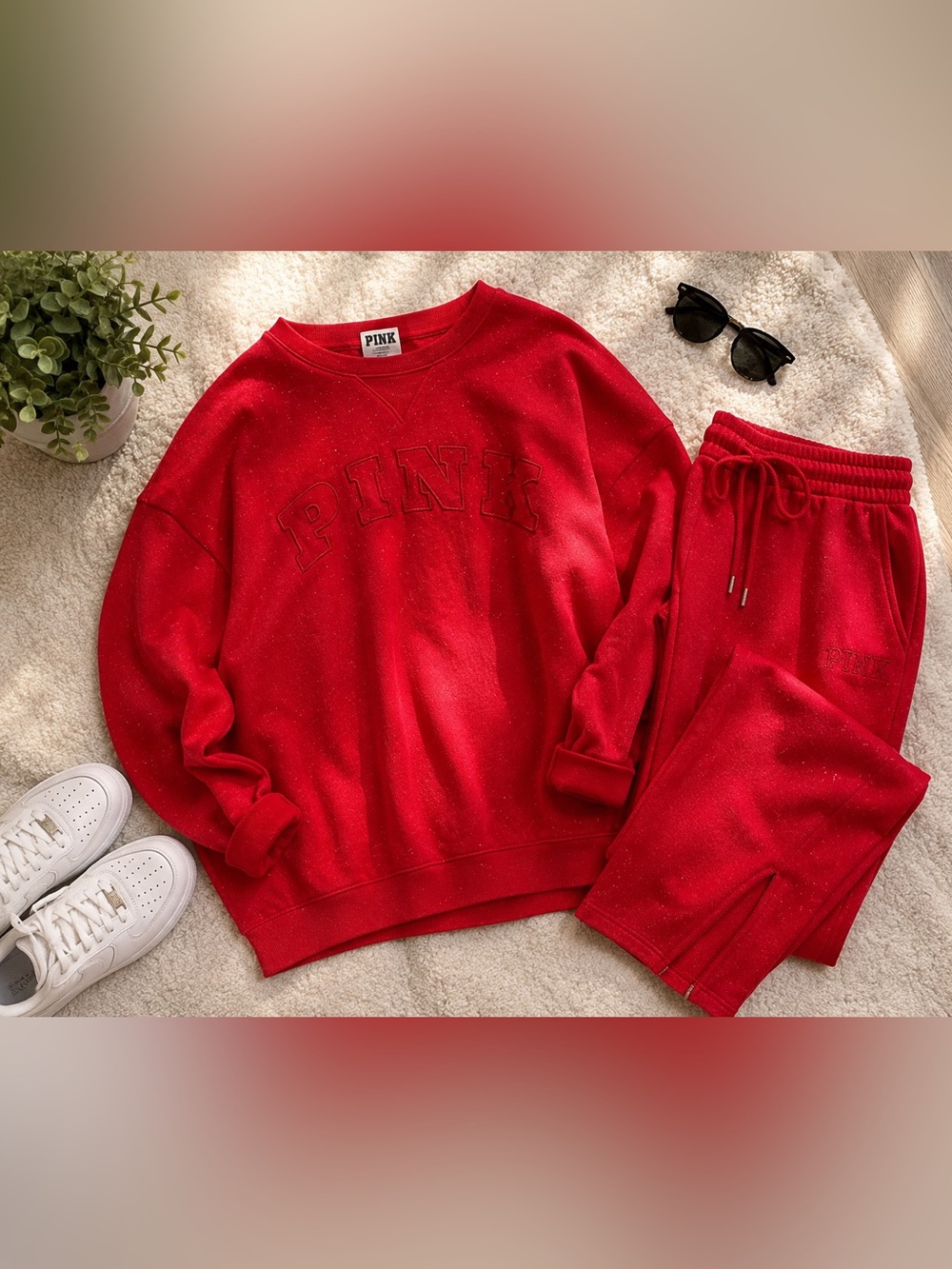 Victoria’s Secret PINK Red Sparkle Sweatshirt & Jogger Set Size XL/L